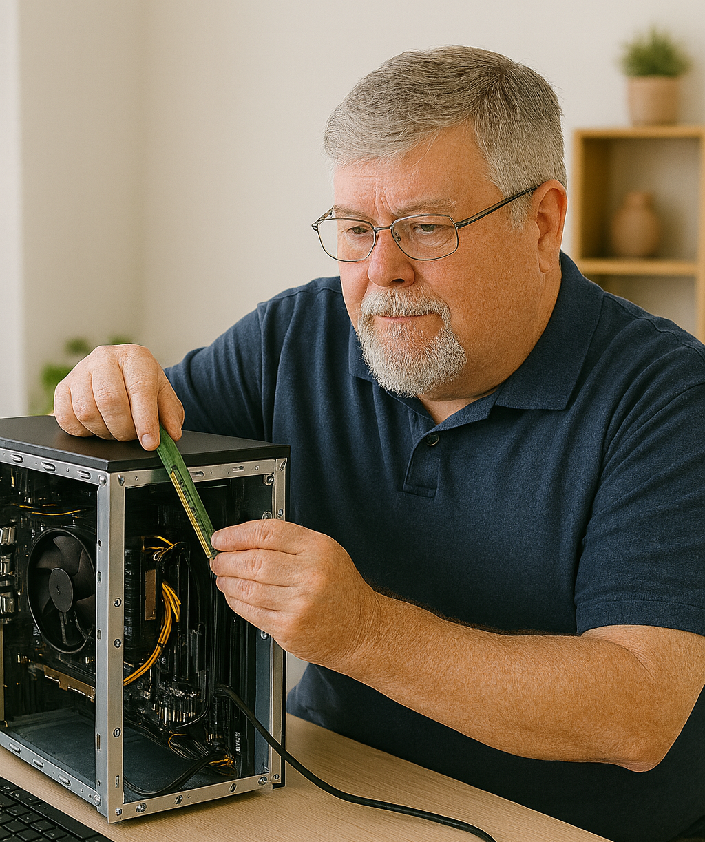 Technician plugging in cables